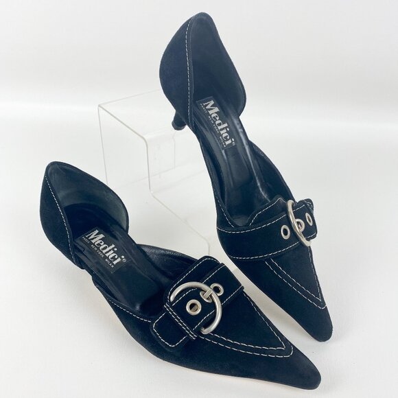 Medici Shoes - MEDICI Women's Black Suede and White Stitched Heels Pumps Size 8M